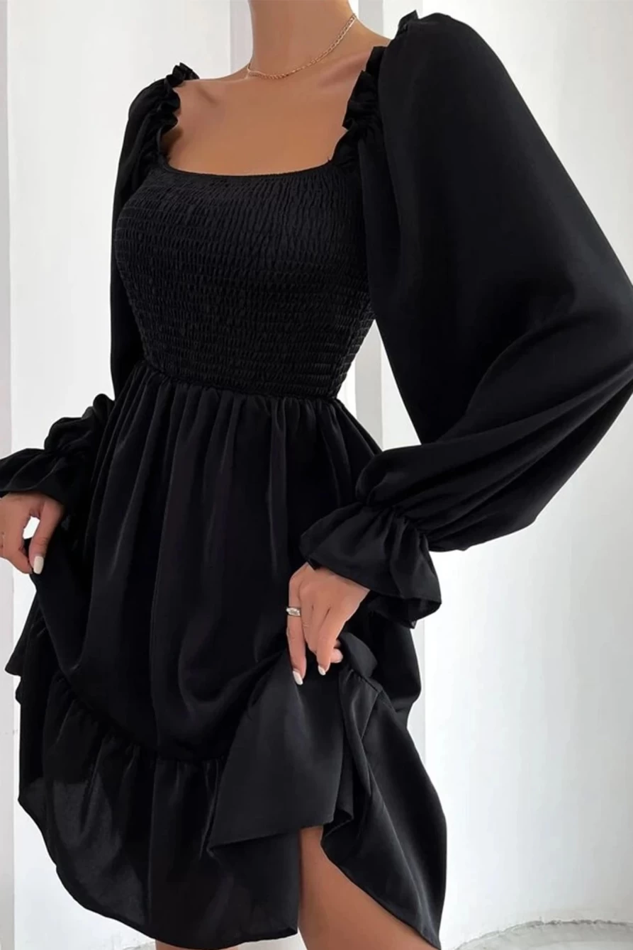 Shewin Women's Black Smocked Square Neck Puff Sleeve Ruffle Mini Dress