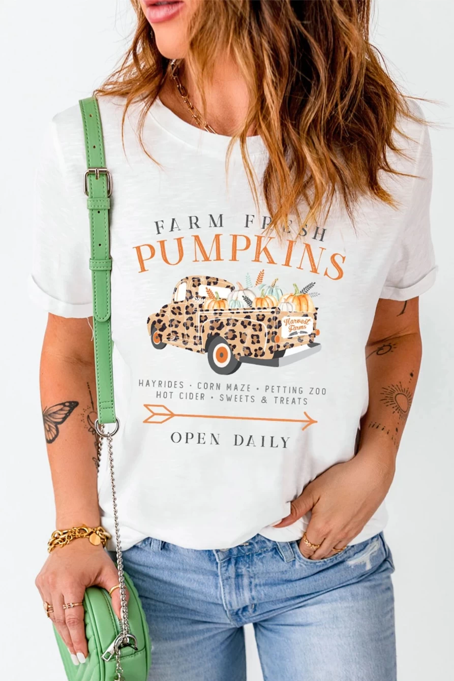 Shewin Women's White Pumpkin Truck Halloween Graphic Tee - Spooky Short Sleeve T-Shirt