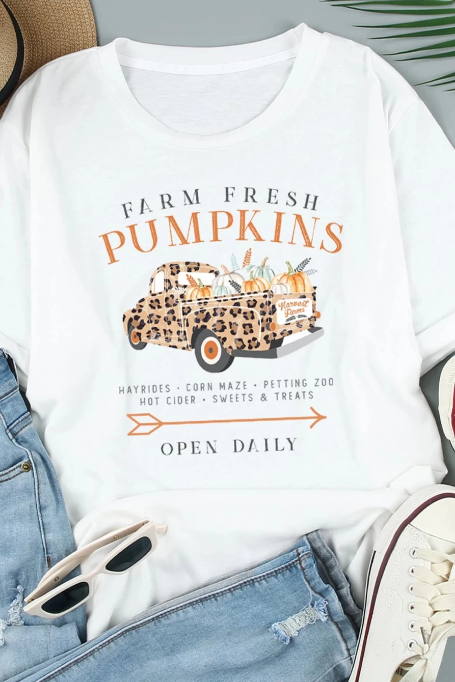 Shewin Women's White Pumpkin Truck Halloween Graphic Tee - Spooky Short Sleeve T-Shirt