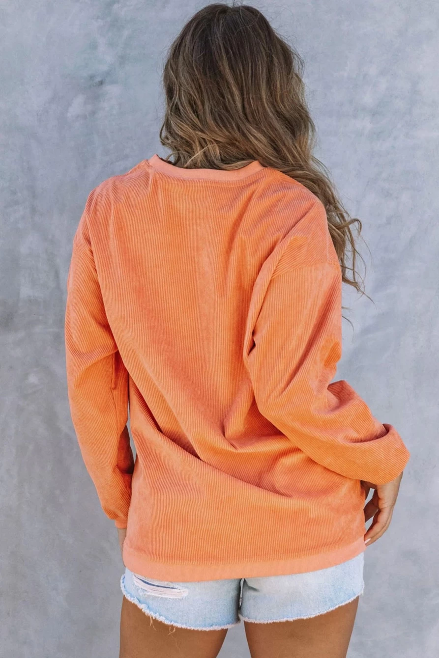 "SheWin Women's Orange Give Thanks Pumpkin Print Corded Sweatshirt | Cozy Fall Graphic Pullover"