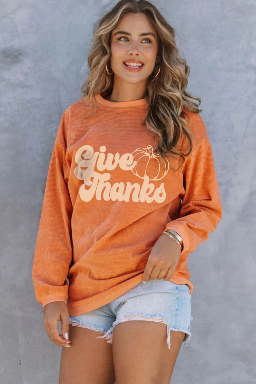"SheWin Women's Orange Give Thanks Pumpkin Print Corded Sweatshirt | Cozy Fall Graphic Pullover"