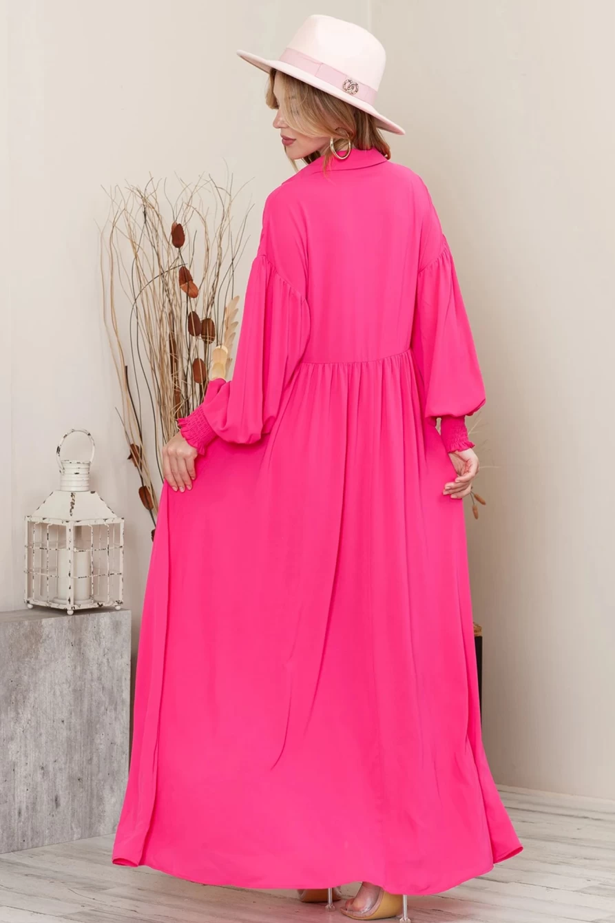 Shewin Women's Rose Solid Color Button-Up Collared Shirt Dress with Bishop Sleeves