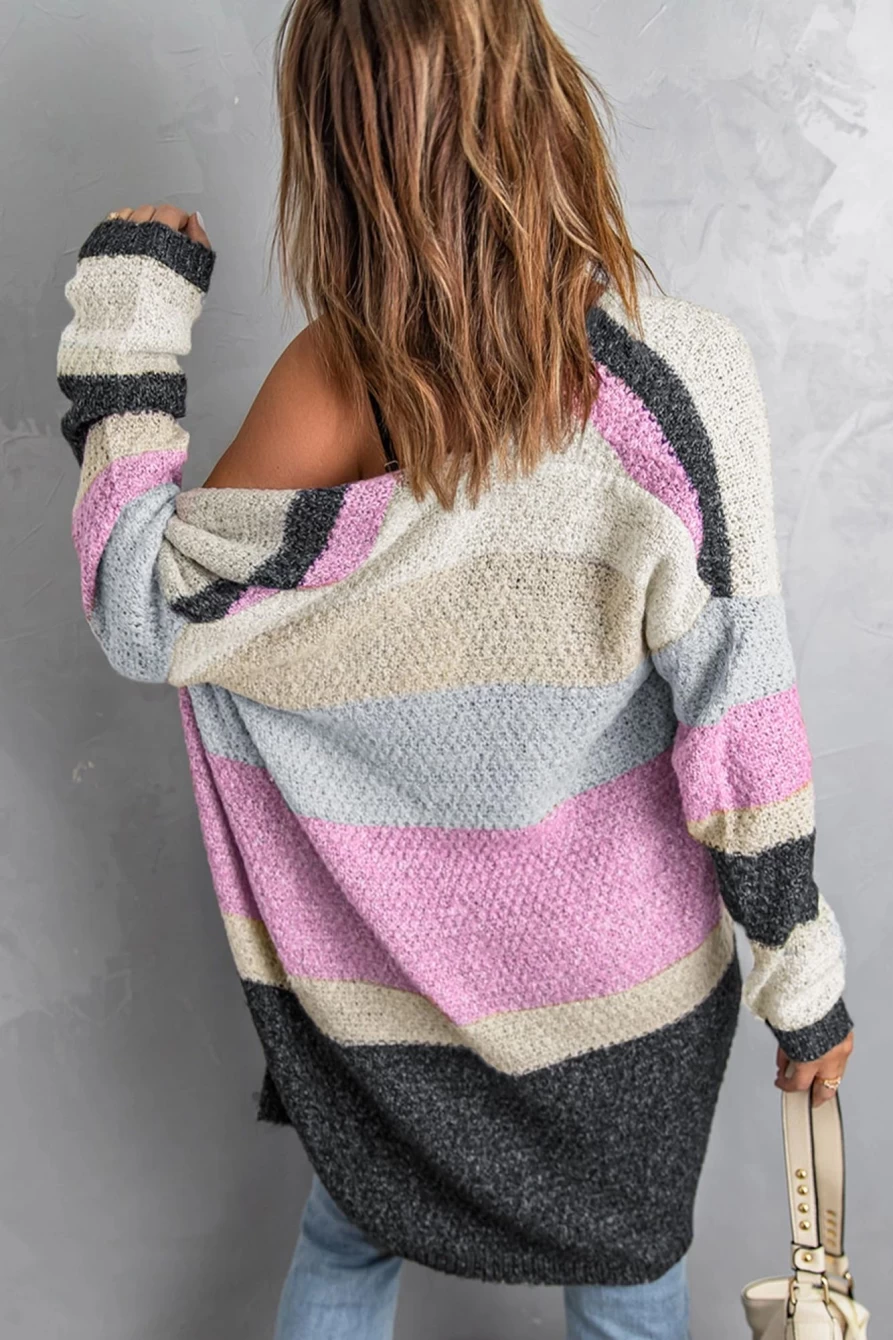 Shewin Women's Multicolor Colorblock Open Front Knitted Cardigan Sweater