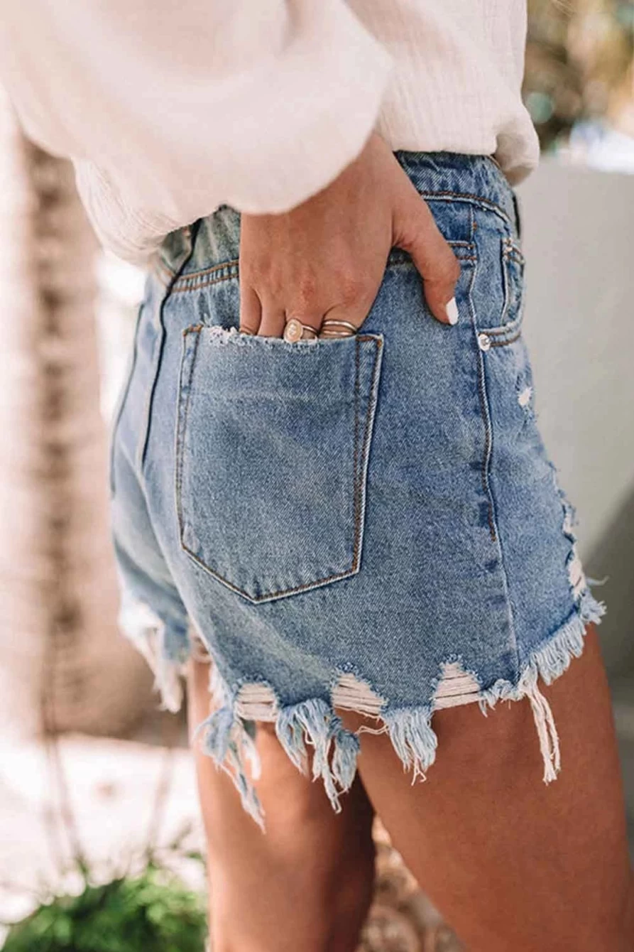 Shewin Women's Sky Blue Distressed High Waisted Denim Shorts - Light Wash Retro Style