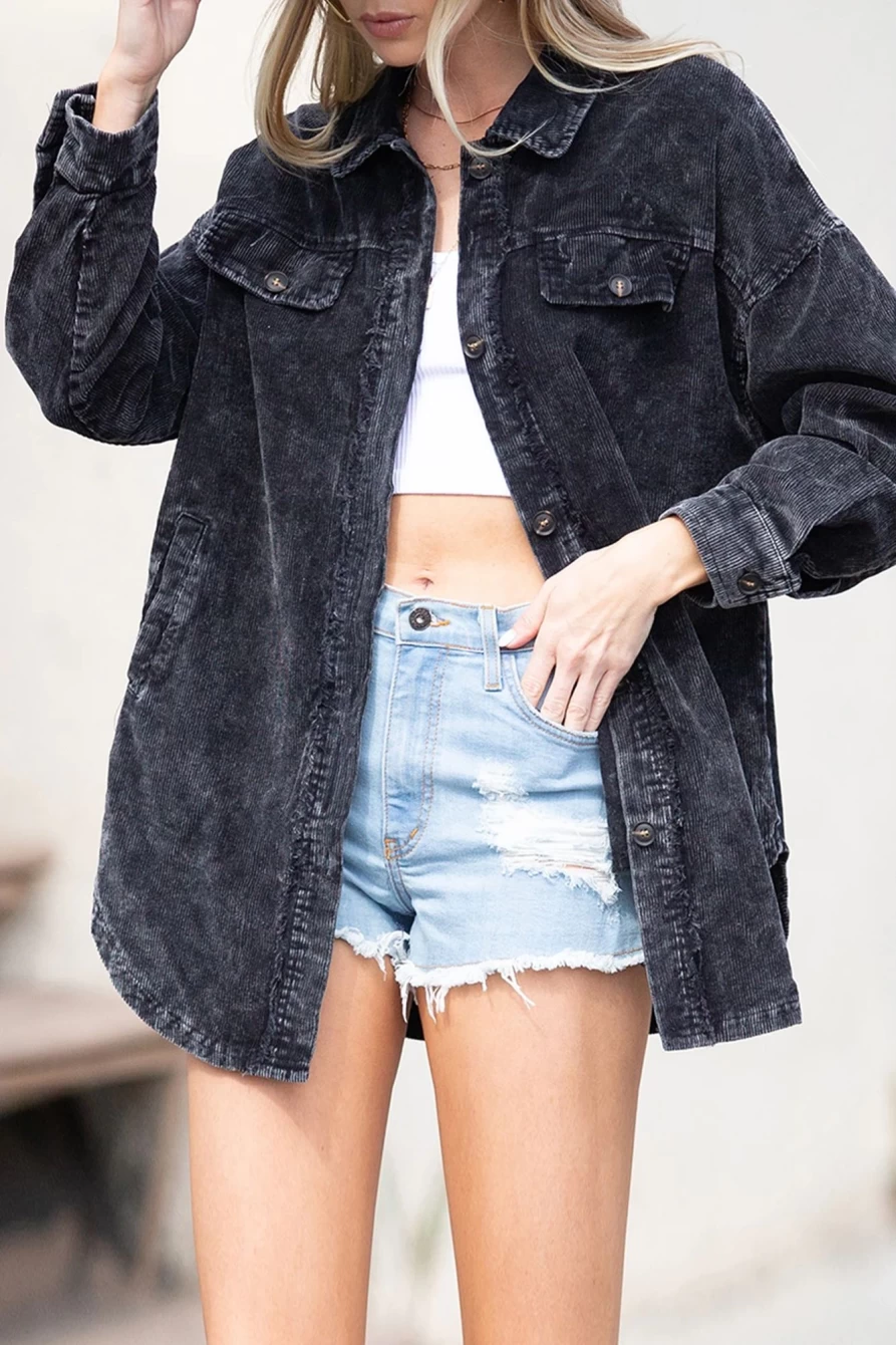 Shewin Women's Black Vintage Oversized Distressed Mineral Wash Shacket Coat