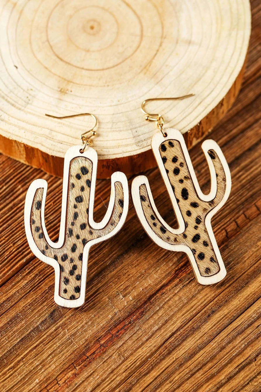 Shewin Vintage Brown Cactus Wooden Hook Earrings for Women
