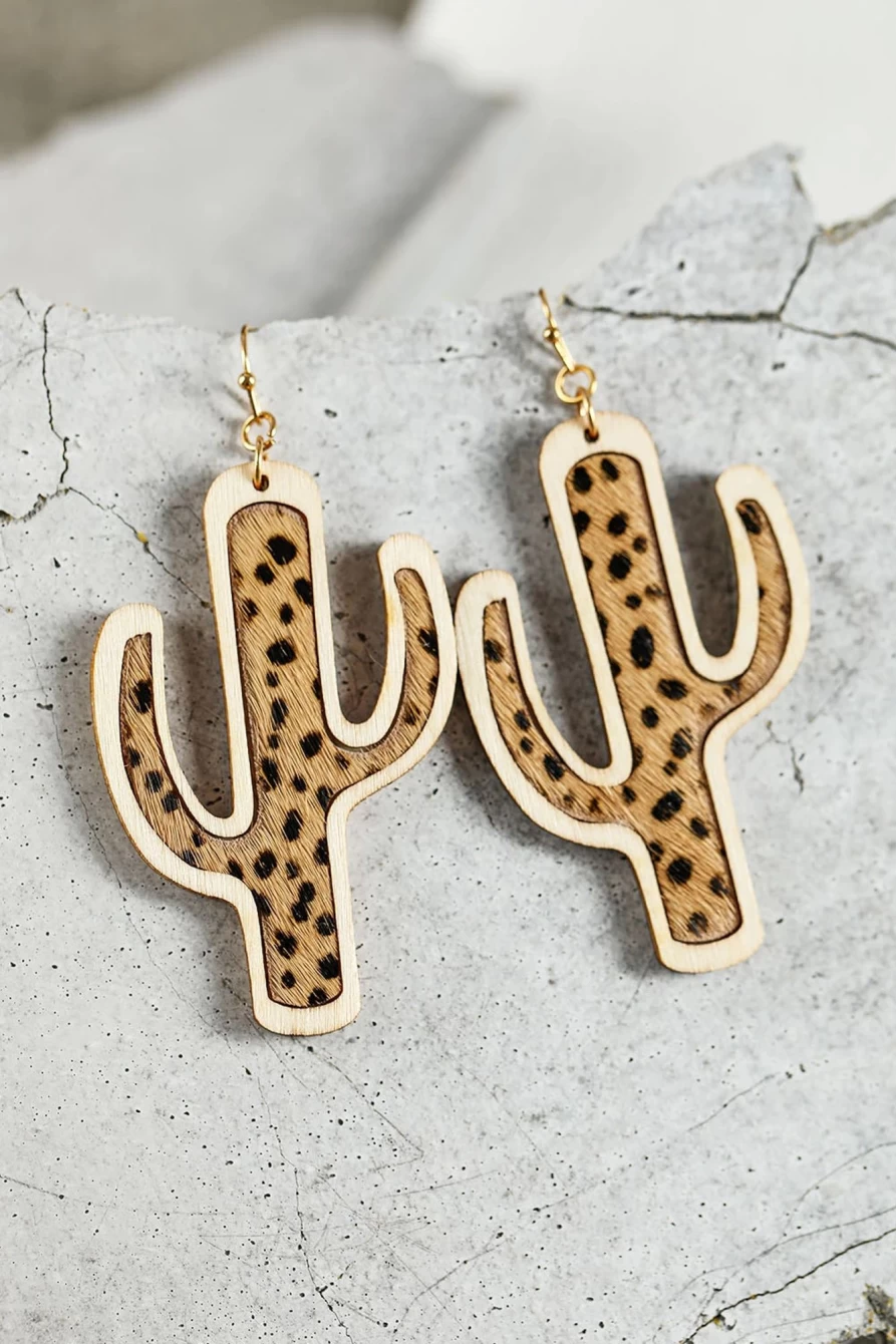 Shewin Vintage Brown Cactus Wooden Hook Earrings for Women