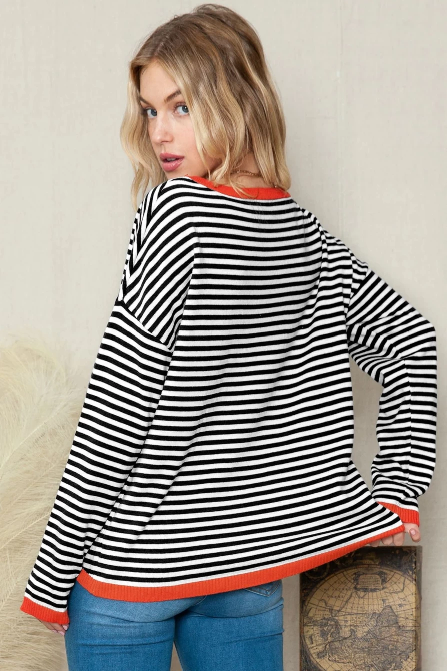 Shewin Women's Black Striped Colorblock Trim Knit Pullover Sweater