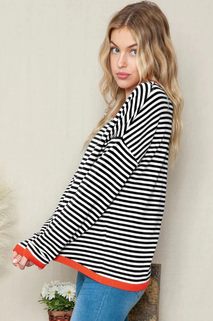Shewin Women's Black Striped Colorblock Trim Knit Pullover Sweater