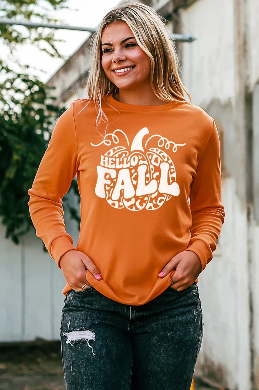 "Shewin Women's Orange Hello Fall Pumpkin Graphic Sweatshirt - Cozy Autumn Pullover"