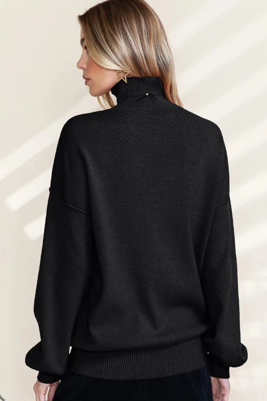 Shewin Women's Black Turtleneck Knit Sweater with Drop Shoulder & Bubble Sleeve