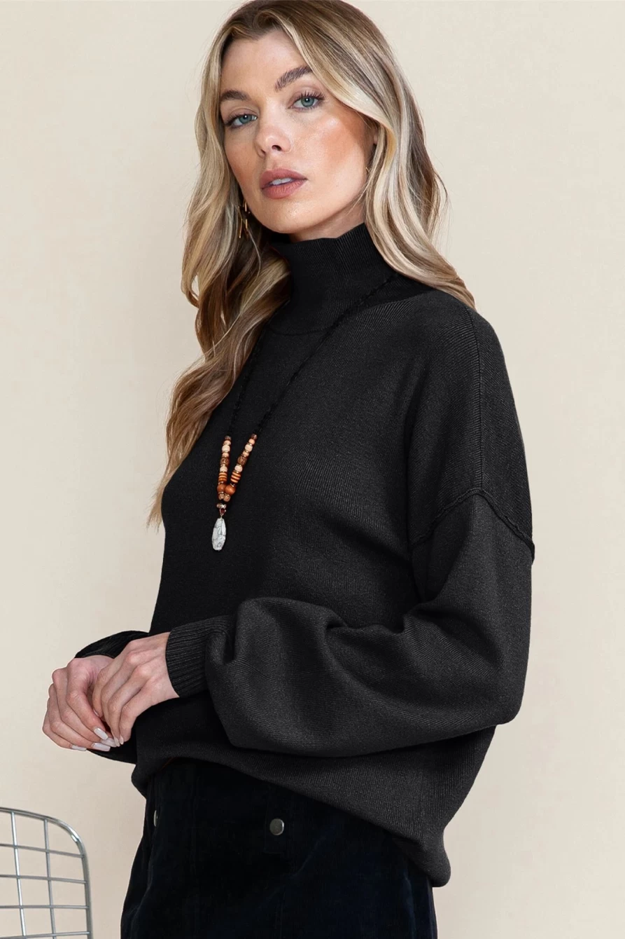 Shewin Women's Black Turtleneck Knit Sweater with Drop Shoulder & Bubble Sleeve