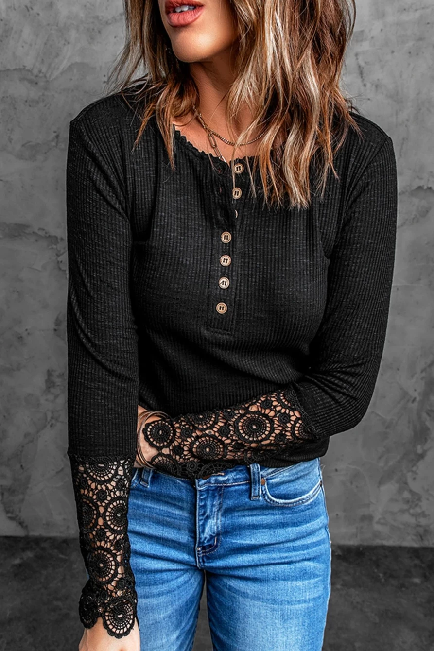 Shewin Women's Black Ribbed Lace Crochet Henley Long Sleeve Shirt