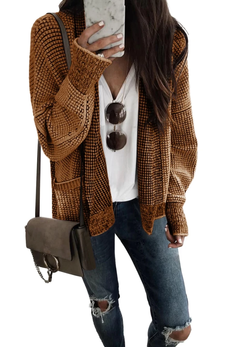 Shewin Women's Brown Chunky Knit Cardigan with Drop Sleeves and Pockets
