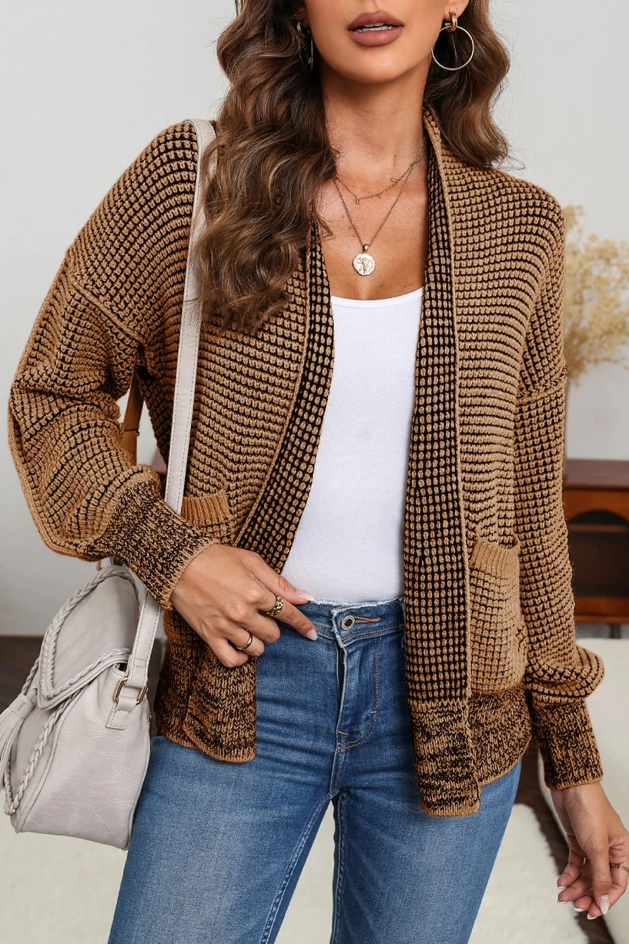 Shewin Women's Brown Chunky Knit Cardigan with Drop Sleeves and Pockets