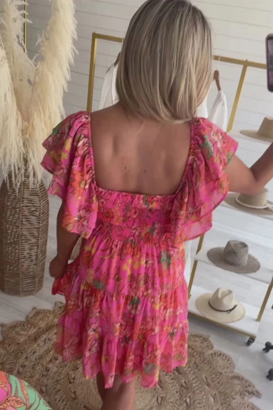 Shewin Women's Pink Floral Print Square Neck Ruffle Sleeve Tiered Dress