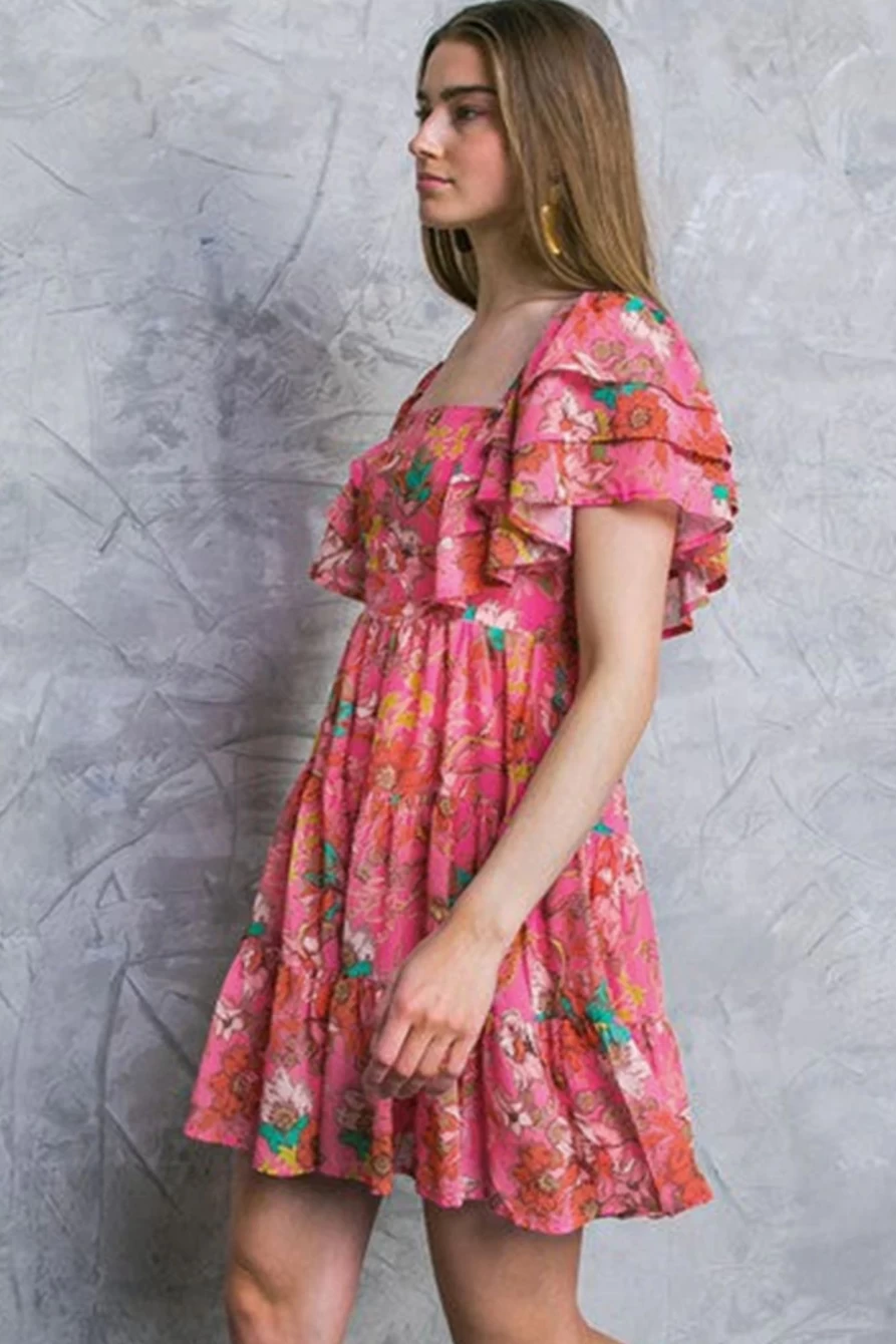 Shewin Women's Pink Floral Print Square Neck Ruffle Sleeve Tiered Dress
