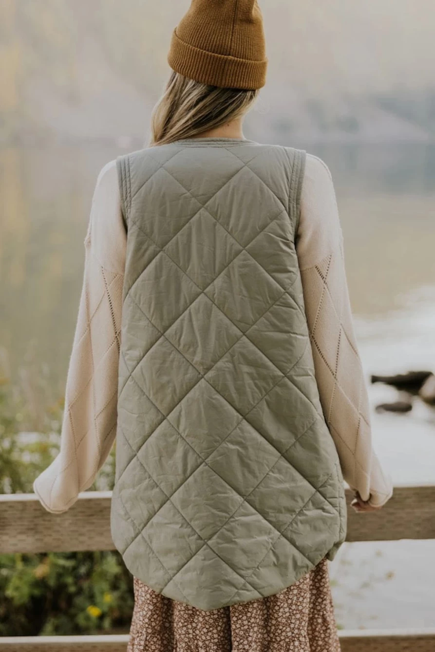 Shewin Women's Grass Green Thermal Quilted Vest Coat with Pockets