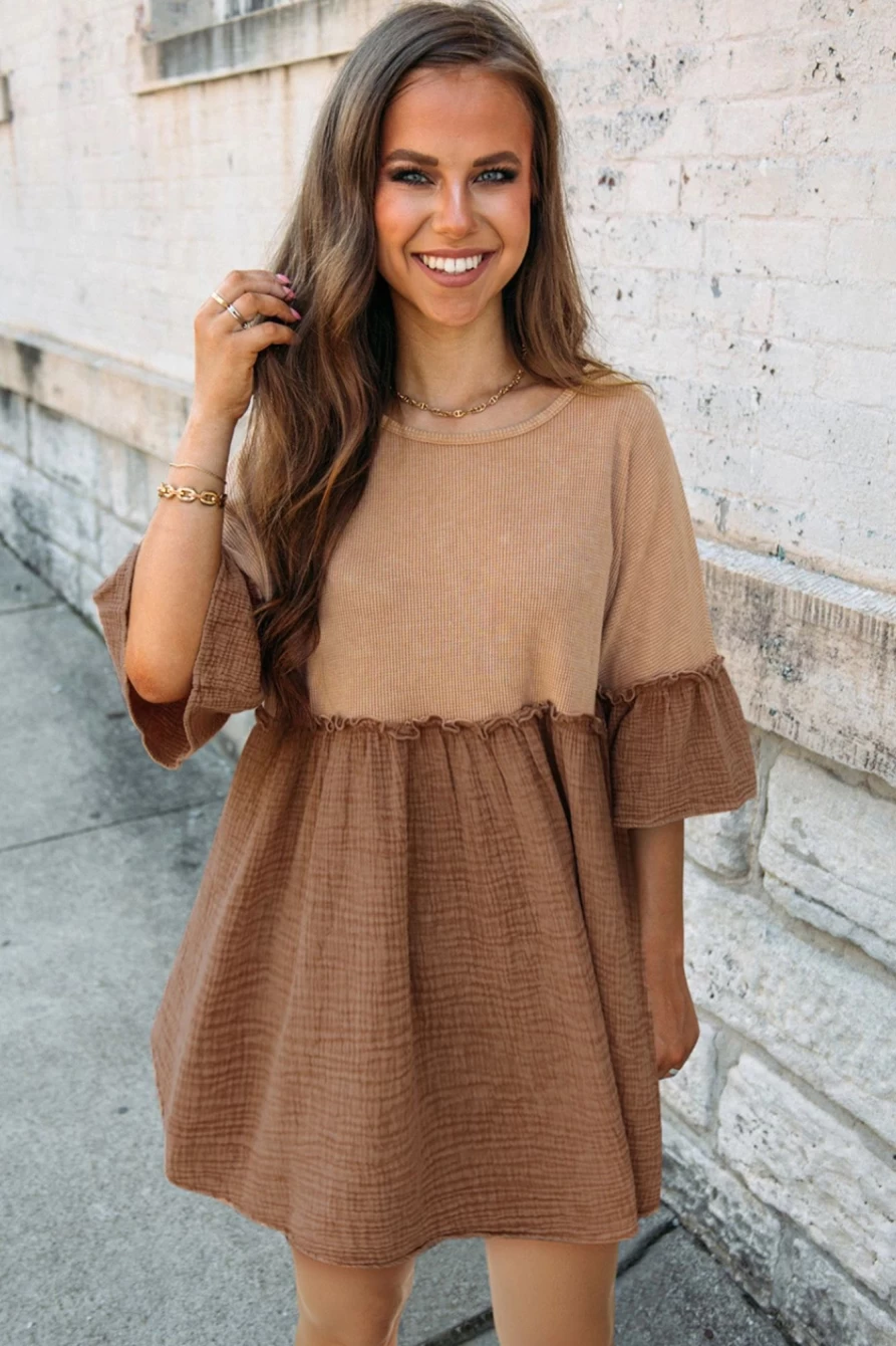Shewin Women's Khaki Waffle & Crinkle Patchwork Flared Mini Dress with Frill Details
