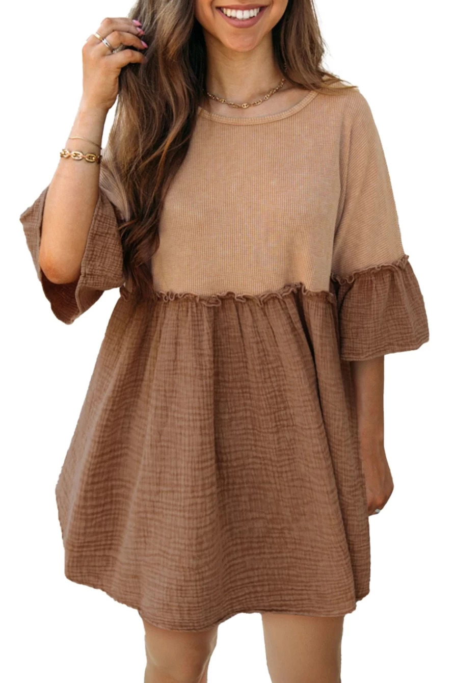 Shewin Women's Khaki Waffle & Crinkle Patchwork Flared Mini Dress with Frill Details