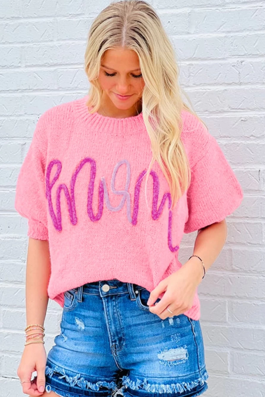 Shewin Women's Bonbon Pink Short Puff Sleeve Sweater with Mom Letter Pattern