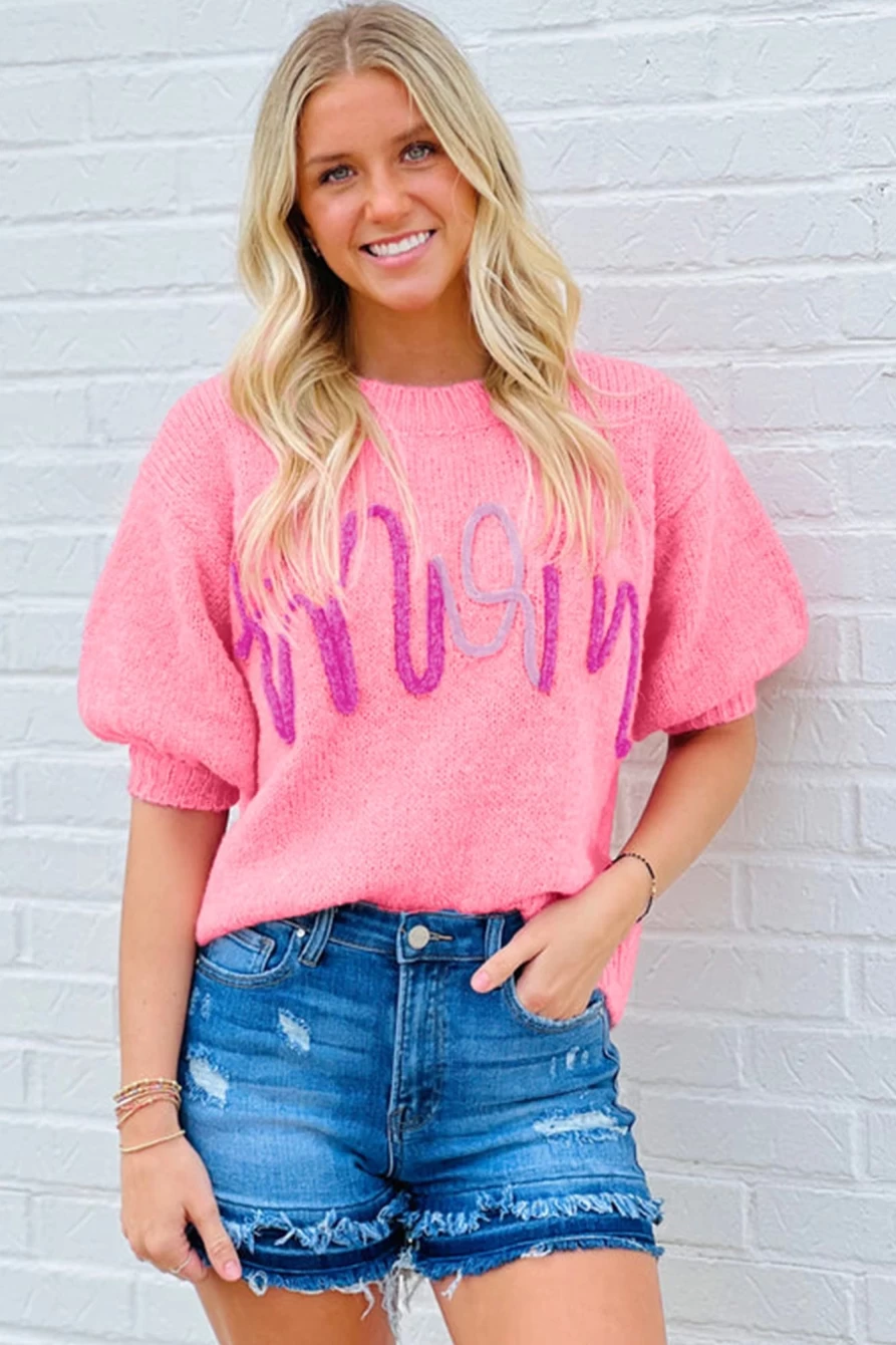 Shewin Women's Bonbon Pink Short Puff Sleeve Sweater with Mom Letter Pattern