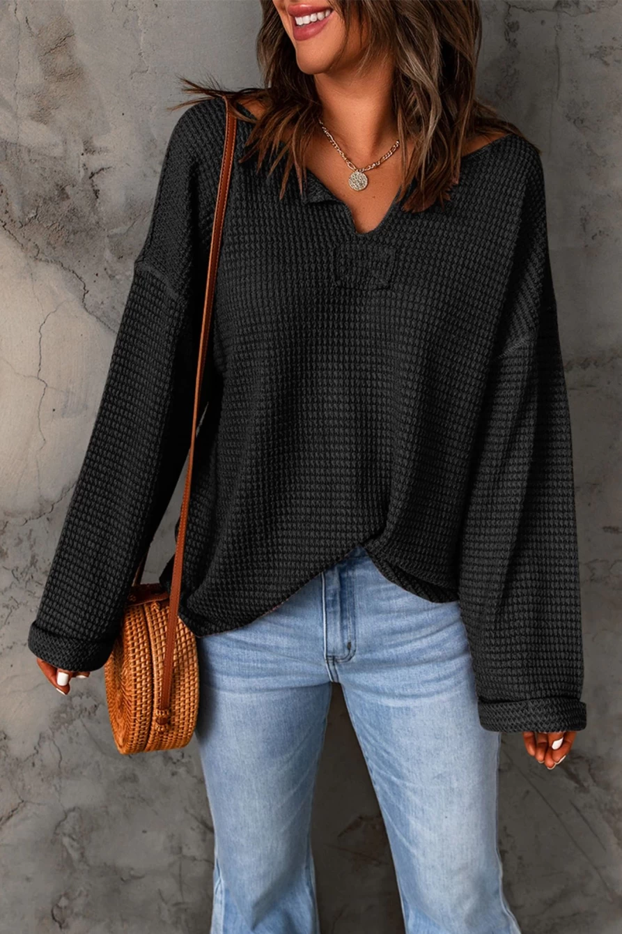 Shewin Women's Black Waffle Split V-Neck Drop Shoulder Long Sleeve T-Shirt