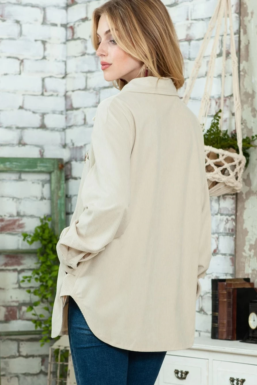 Women's Beige Corduroy Shacket with Button Front & Pockets by Shewin