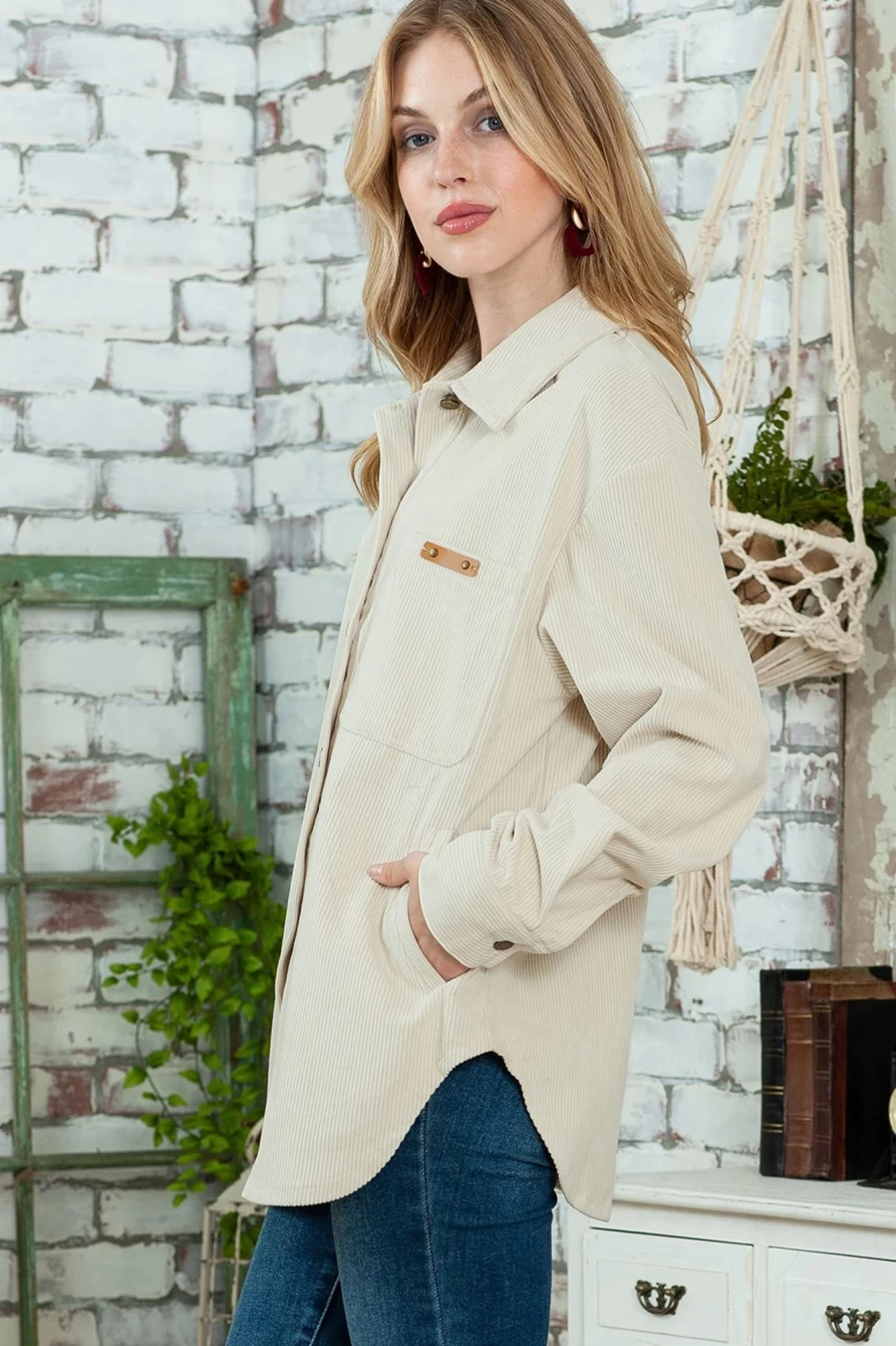 Women's Beige Corduroy Shacket with Button Front & Pockets by Shewin
