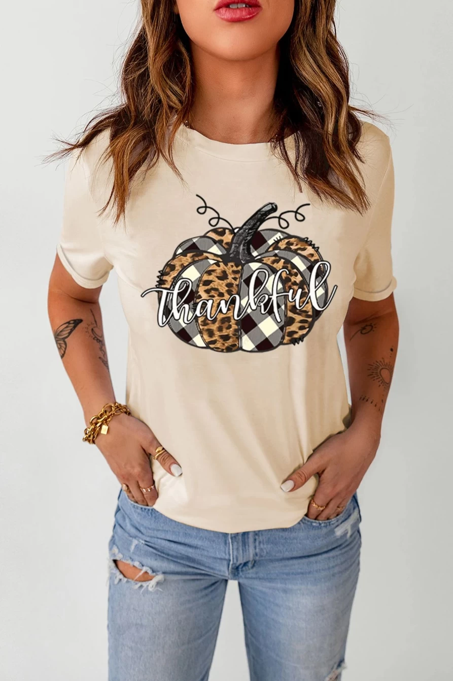 "Women's Khaki Pumpkin Graphic Tee - Thankful Letter Print by Shewin"