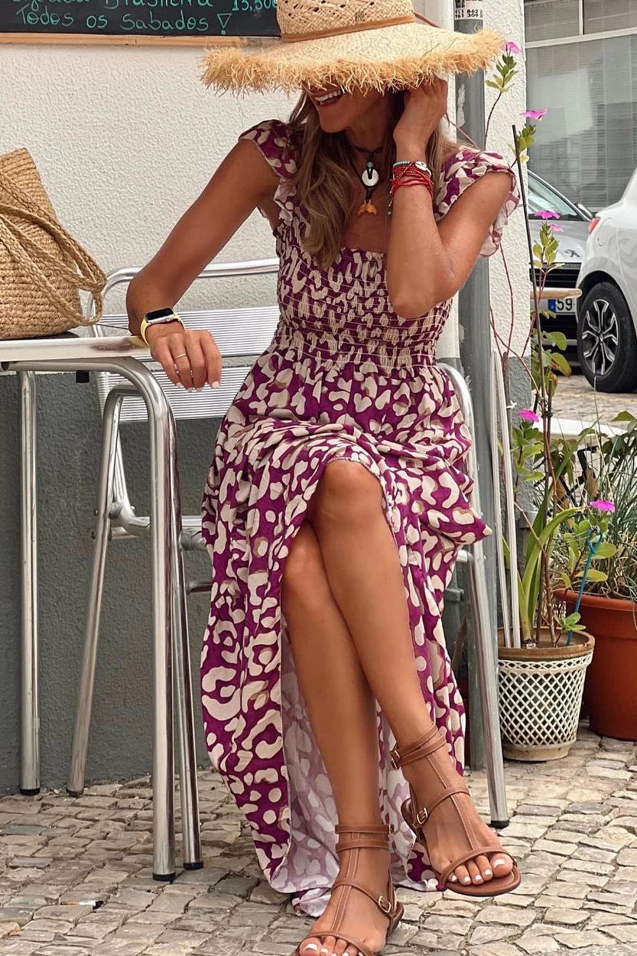 Shewin Women's Rose Leopard Print Smocked High Waist Maxi Dress with Ruffle Straps