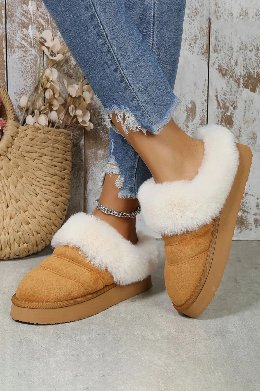 Shewin Women's Camel Plush Suede Patchwork Slippers with Thick Sole