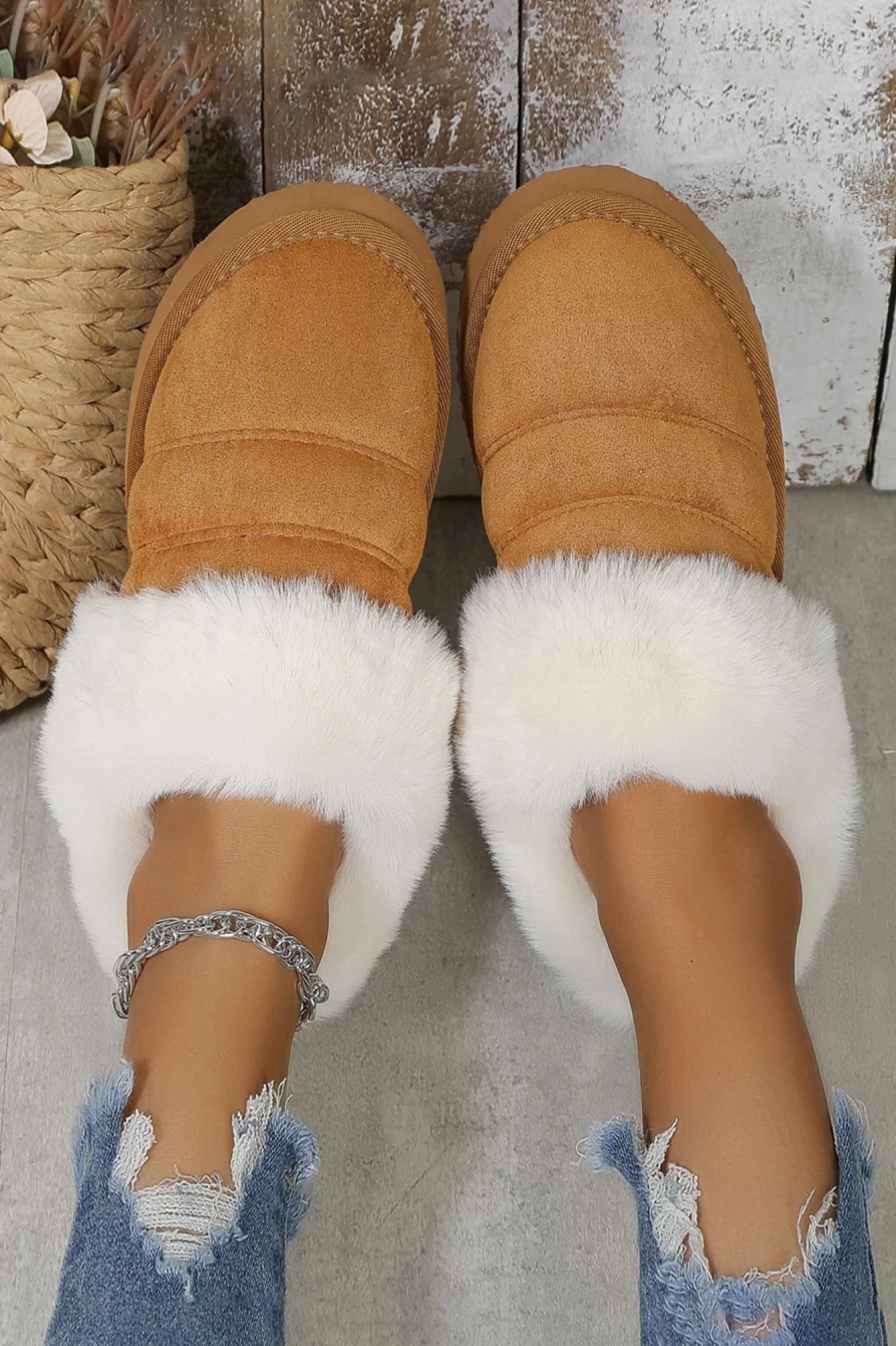 Shewin Women's Camel Plush Suede Patchwork Slippers with Thick Sole