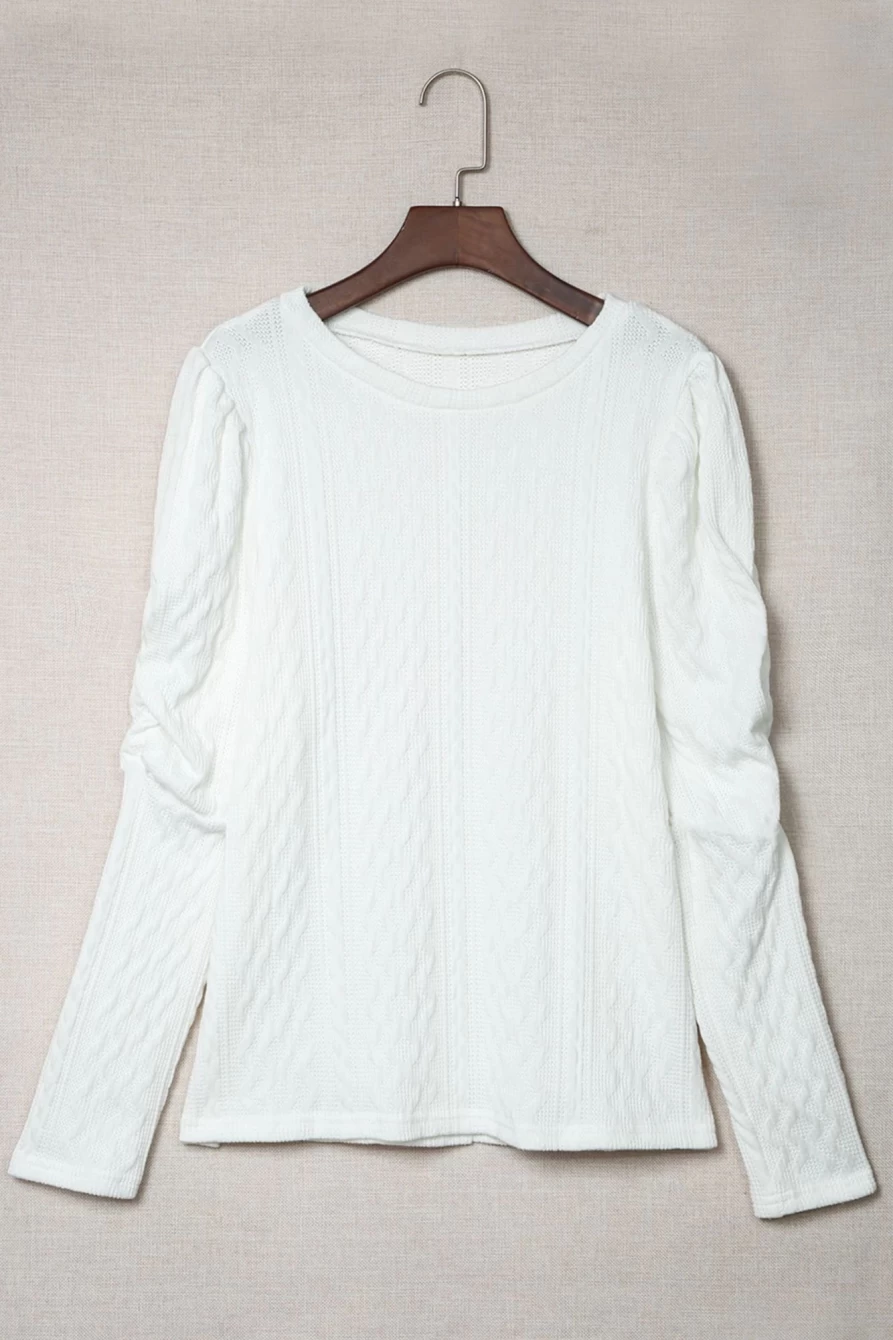 Shewin Women's White Leg-Of-Mutton Sleeve Textured Knit Sweater