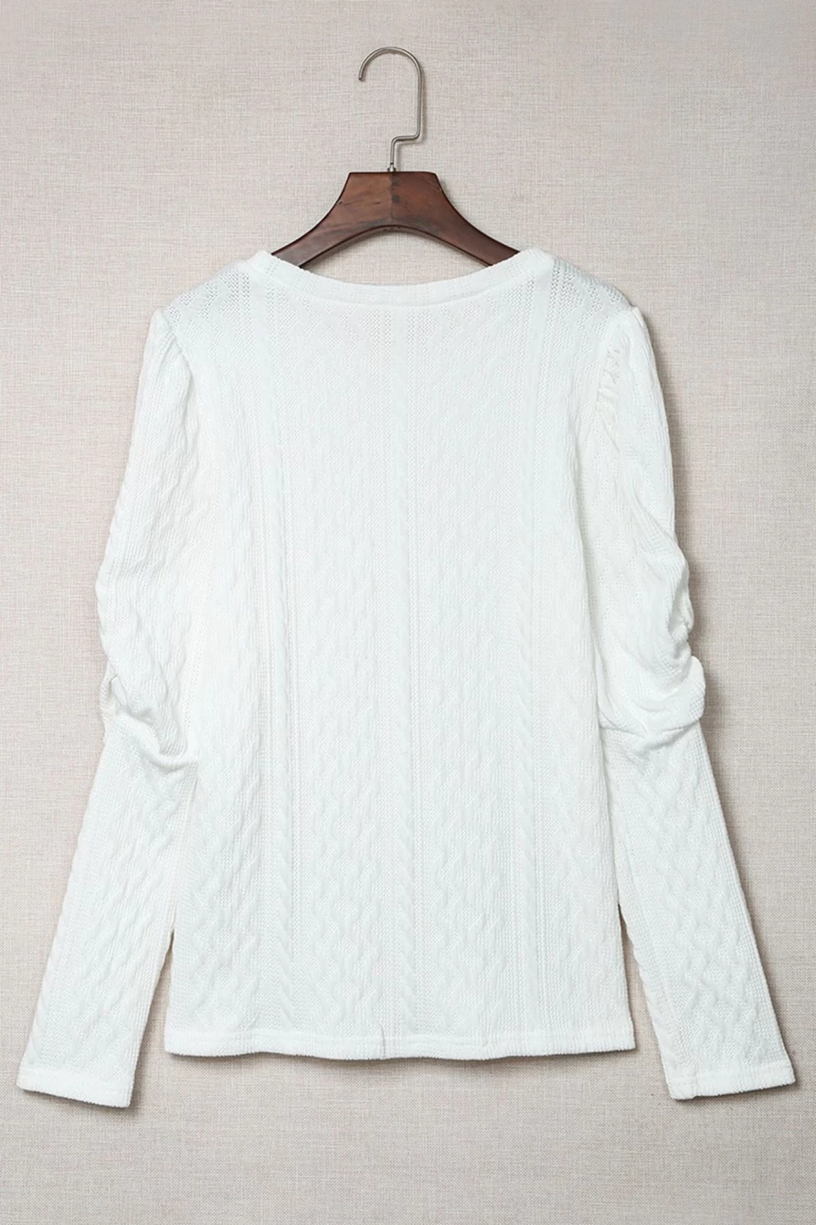 Shewin Women's White Leg-Of-Mutton Sleeve Textured Knit Sweater