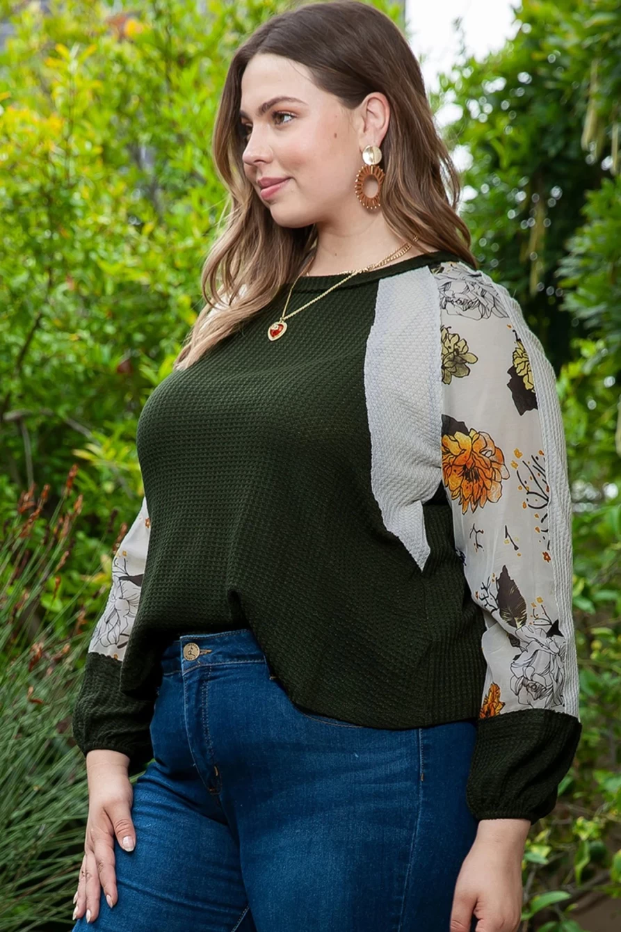 Shewin Women's Plus Size Green Floral Patchwork Knit Top with Raglan Sleeves