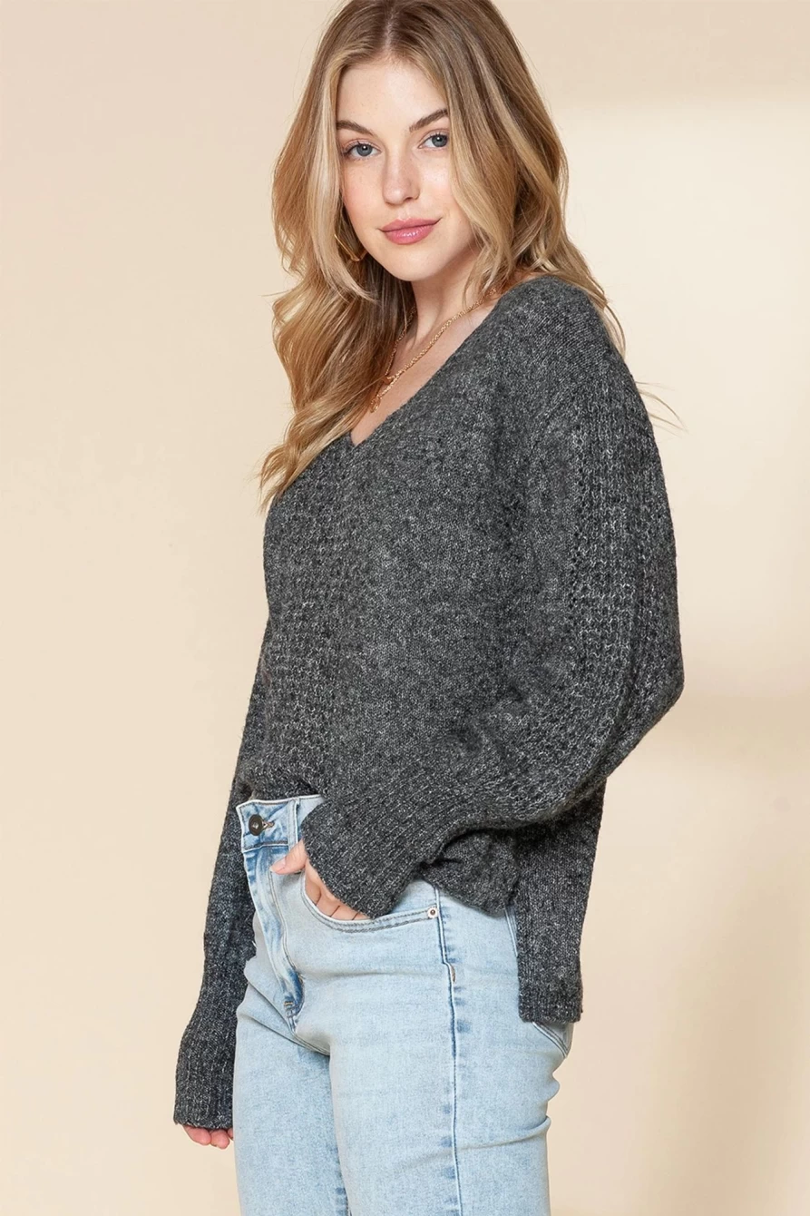 Shewin Women's Gray V Neck Crochet Oversized Sweater with Drop Sleeve