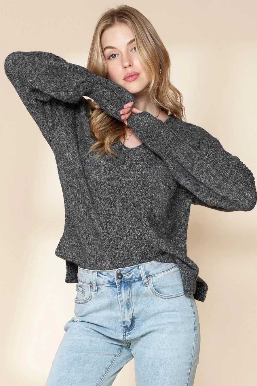 Shewin Women's Gray V Neck Crochet Oversized Sweater with Drop Sleeve