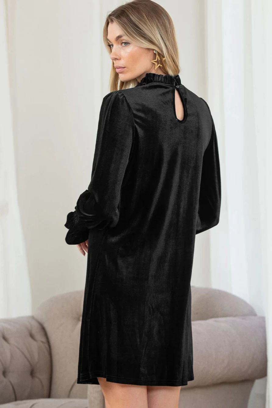 Shewin Women's Black Velvet Frill Neck Long Sleeve Shift Dress - Elegant Party Wear
