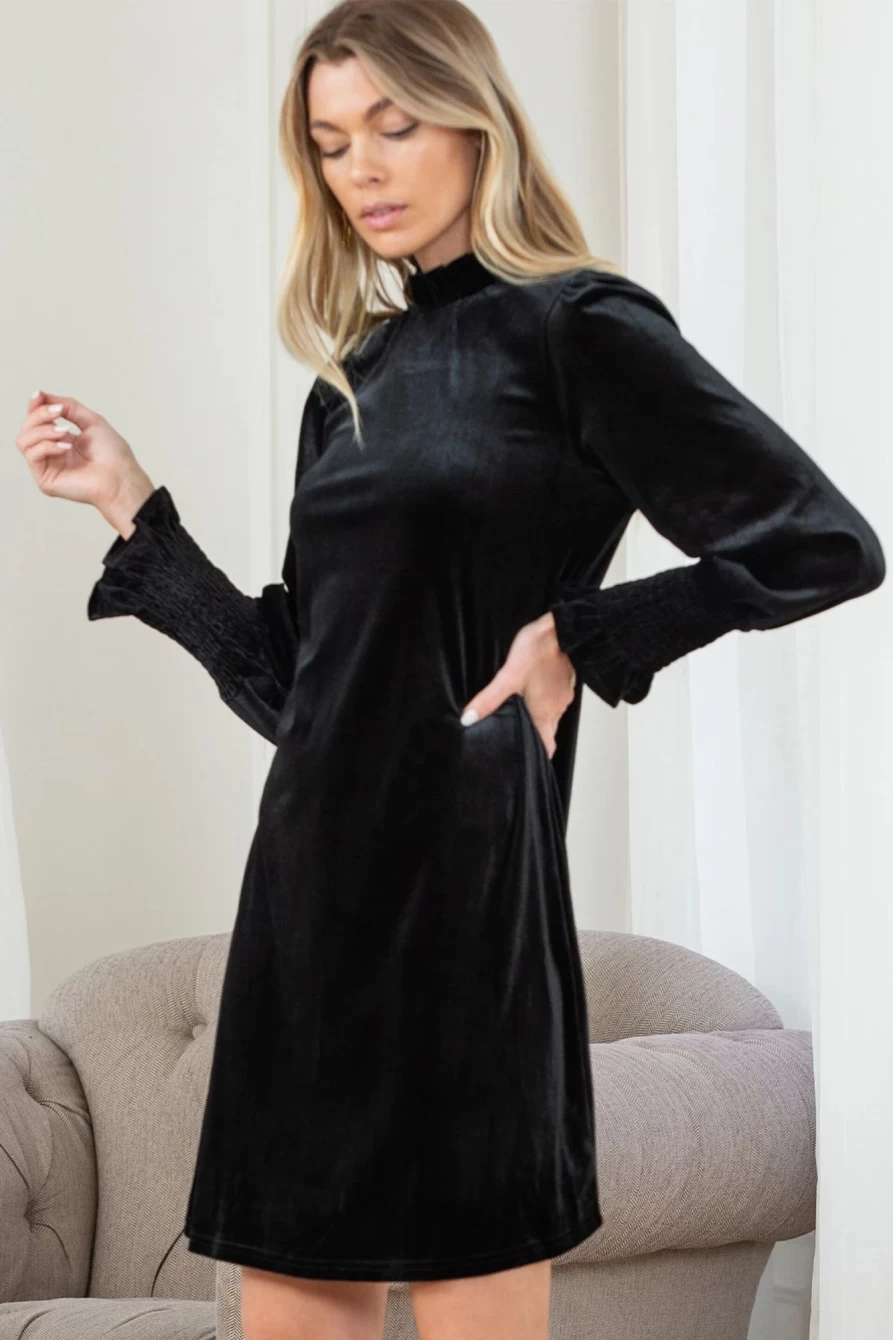 Shewin Women's Black Velvet Frill Neck Long Sleeve Shift Dress - Elegant Party Wear