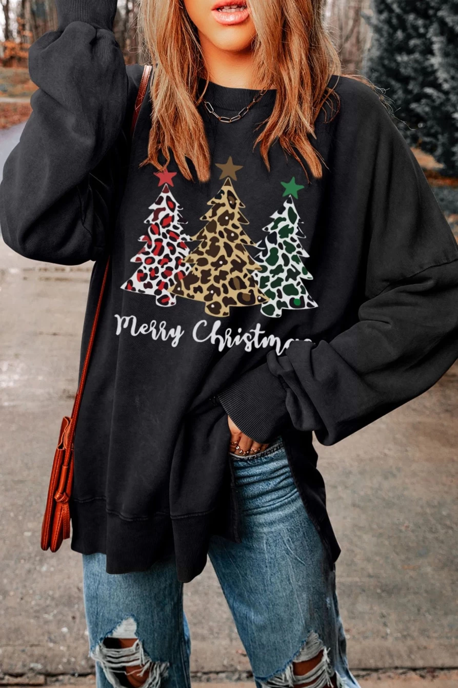 Shewin Women's Black Leopard Print Christmas Graphic Sweatshirt - Festive Holiday Pullover