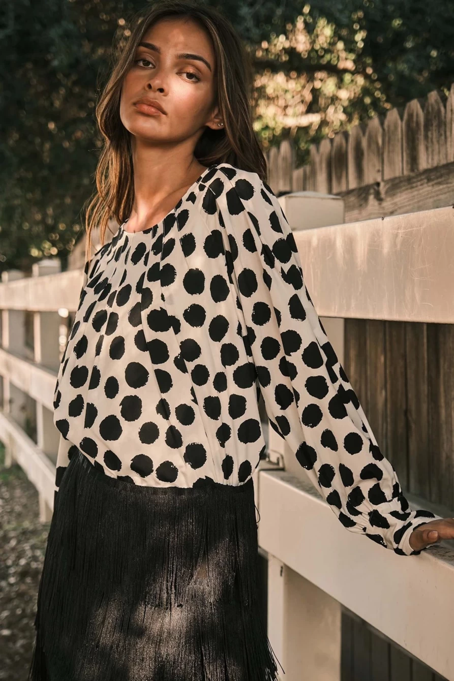 Shewin Women's Black Polka Dot Pleated Blouse Long Sleeve Top