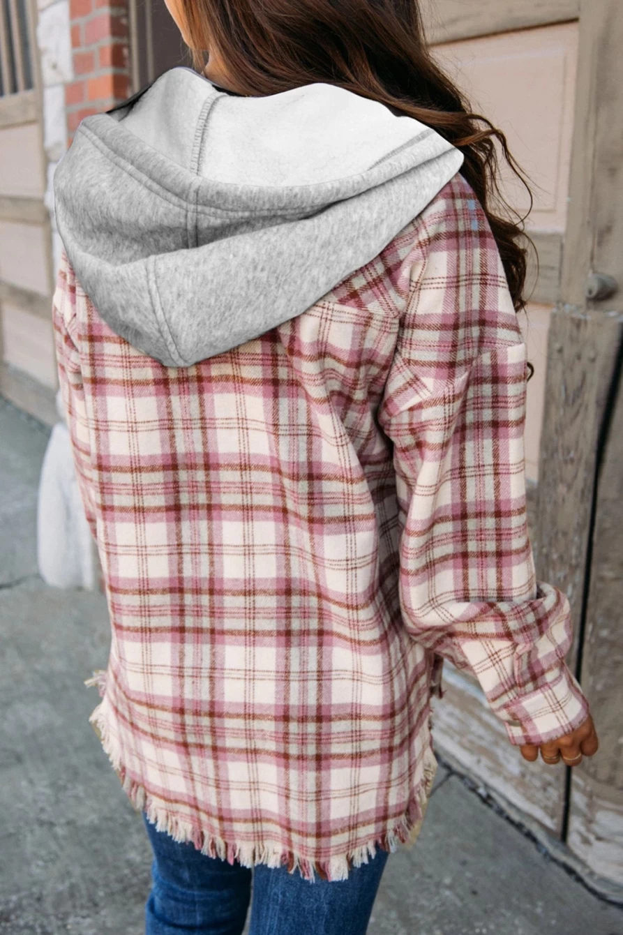 Shewin Women's Multicolour Plaid Shacket with Flap Pockets, Hooded Design & Raw Hem Detail