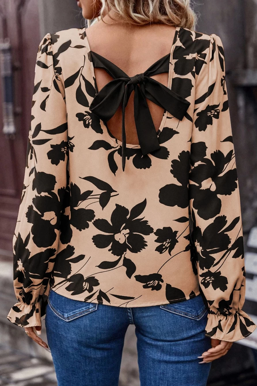 Shewin Women's Khaki Floral Ruffle Blouse with Puff Sleeves & Tie Back Detail