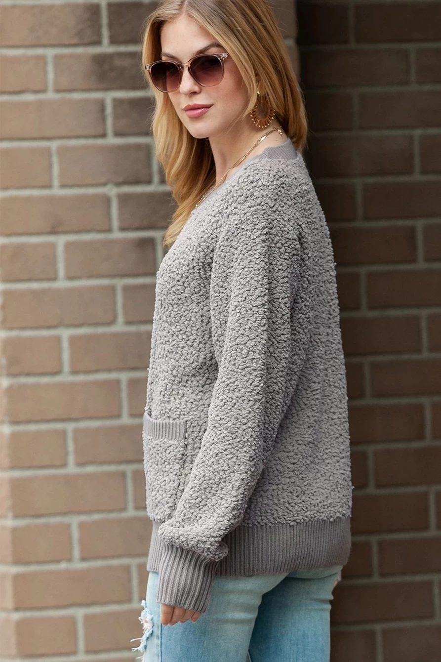 Women's Gray Ribbed Furry Sherpa Sweater with Contrast Pockets - SHEWIN