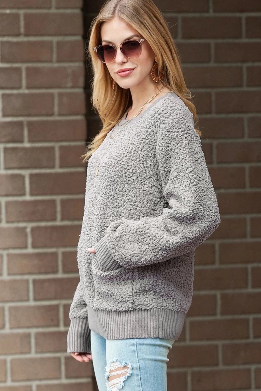 Women's Gray Ribbed Furry Sherpa Sweater with Contrast Pockets - SHEWIN