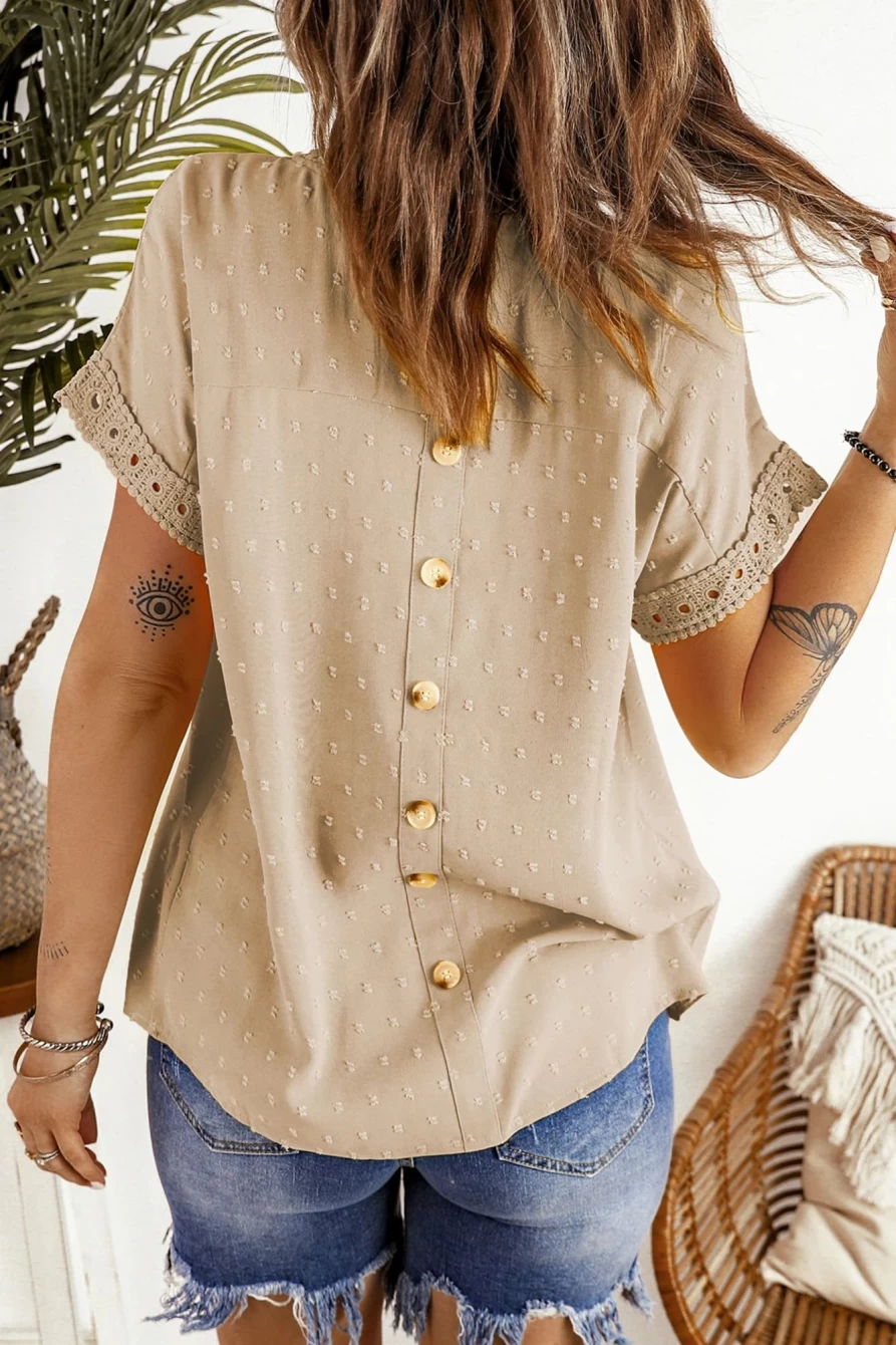 "SheWin Women's Apricot Swiss Dot Crochet Blouse with Eyelet Back & Button Details"