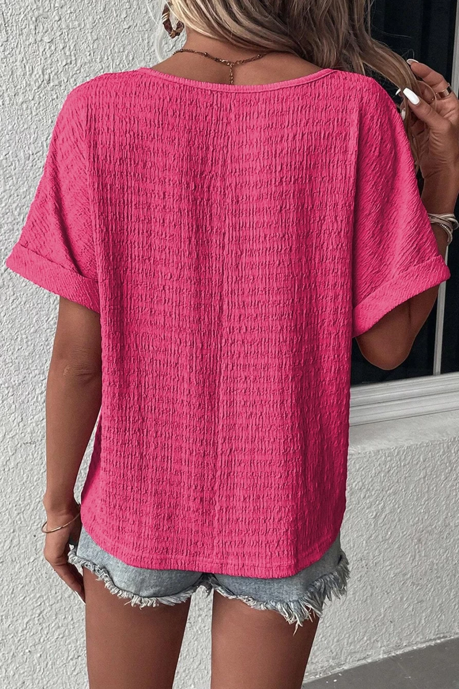 "Shewin Women's Bright Pink Textured Rolled Short Sleeve V-Neck Blouse"