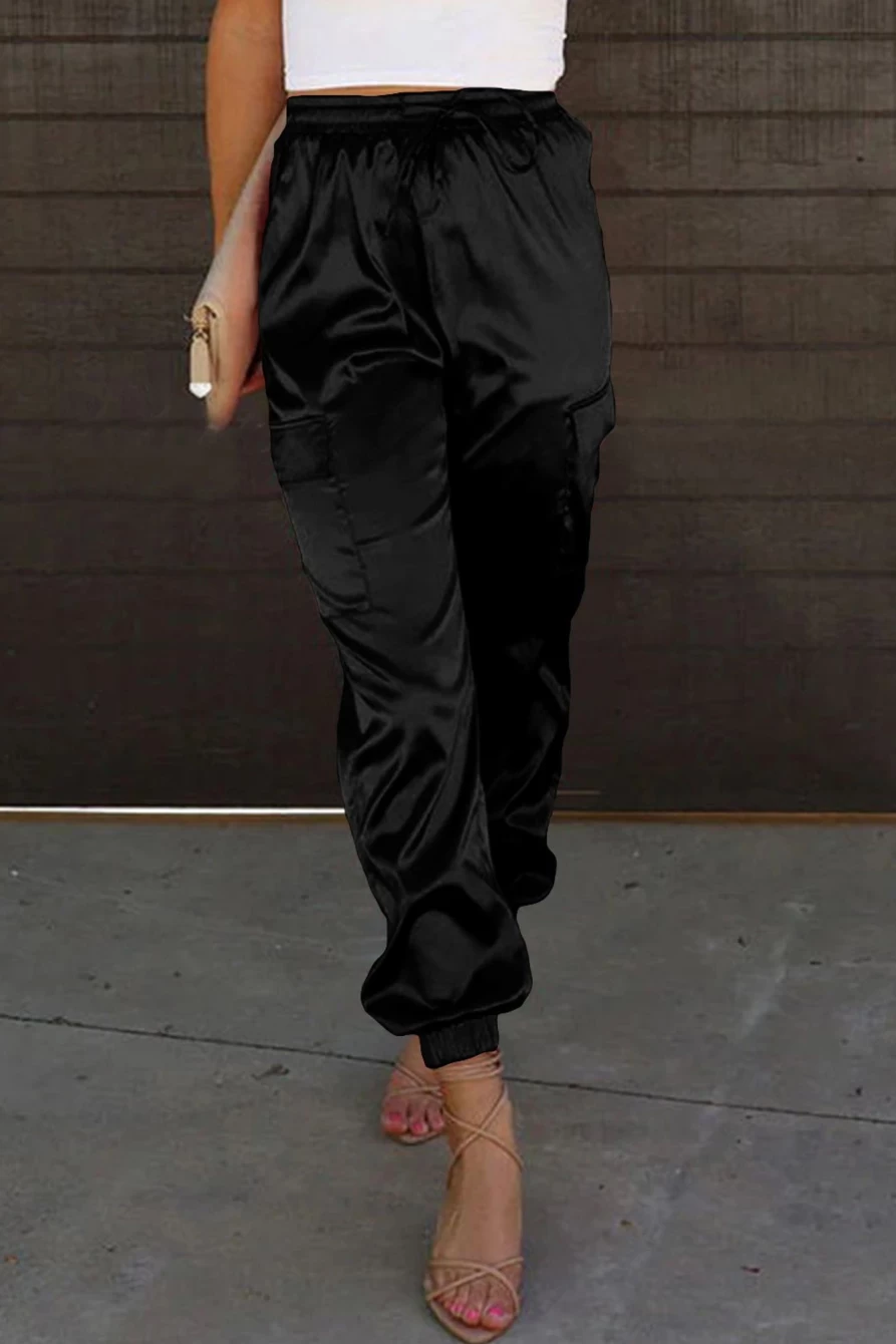 Shewin Women's Black Satin Pants with Pockets - Elastic Waist & Drawstring Comfort