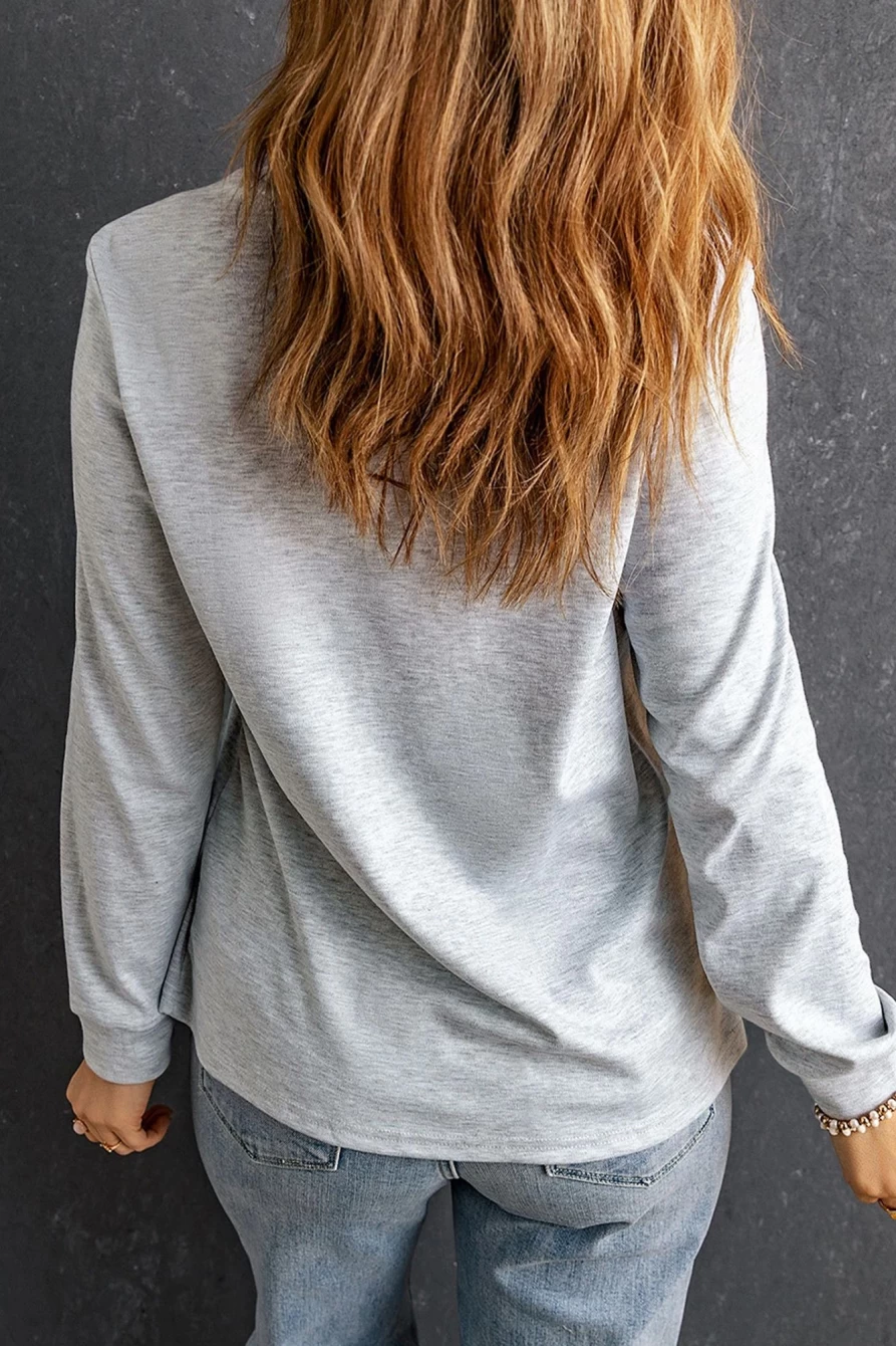 Shewin Women's Gray Inspirational Letter Print Long Sleeve Top